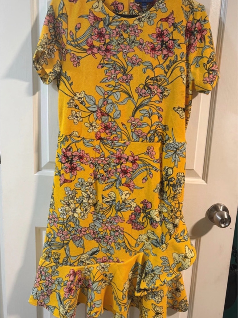 Apt. 9 Yellow Floral Short Sleeve Ruffle-Hem Dress
